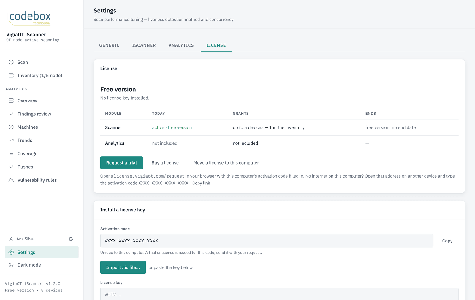 Settings › License on the free version, with Request a trial